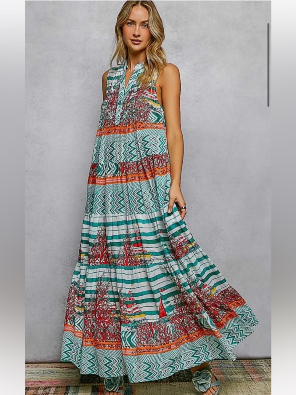 🐚Brand new POL size Large Sleeveless Striped Boho Maxi Dress in Teal and Orange